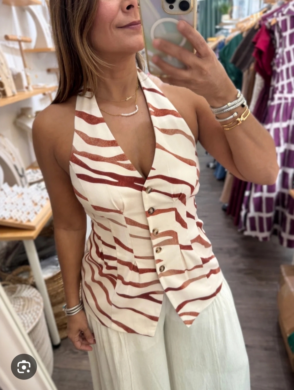 Stitch + Feather White Brown Zebra Halter Top Button Front Medium